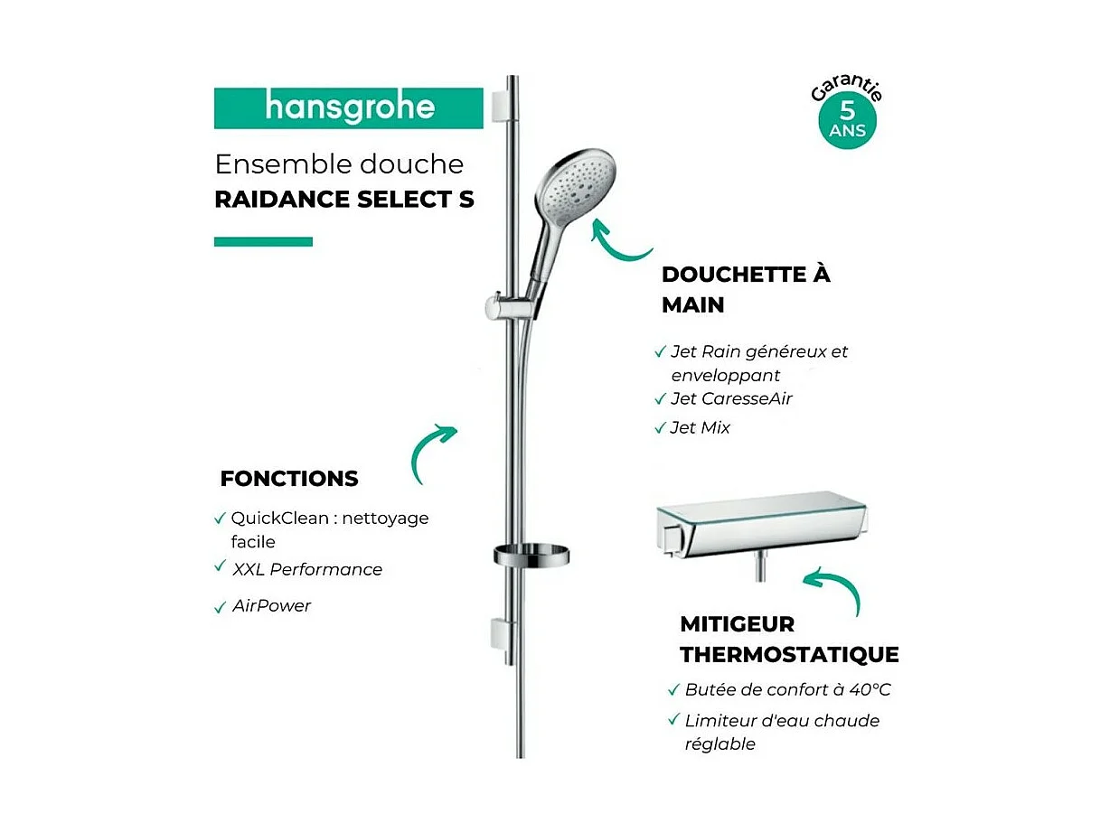 Ensemble douche HANSGROHE Raindance Select S mitigeur thermostatique + pommeau de douche 3 jets chromé
