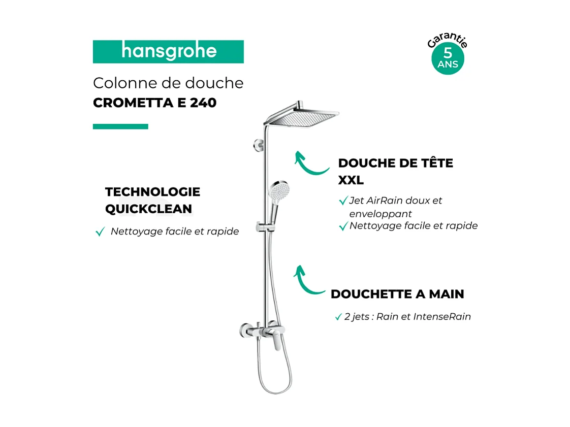 Colonne de douche mécanique HANSGROHE Crometta E 240 chromé + nettoyant Briochin