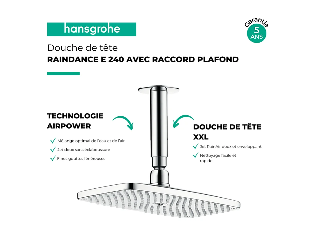 Douche de tête HANSGROHE Raindance E 240 avec raccord au plafond chromé
