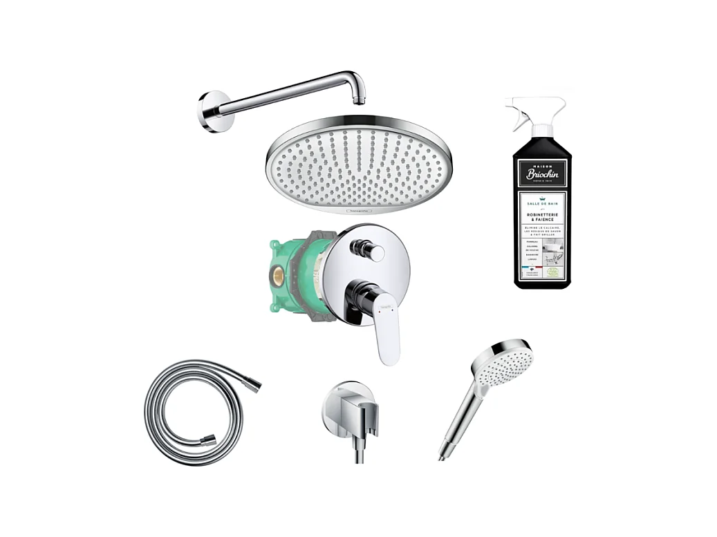 Colonne de douche encastrée HANSGROHE Crometta S avec mitigeur mécanique Logis chromé + nettoyant Briochin