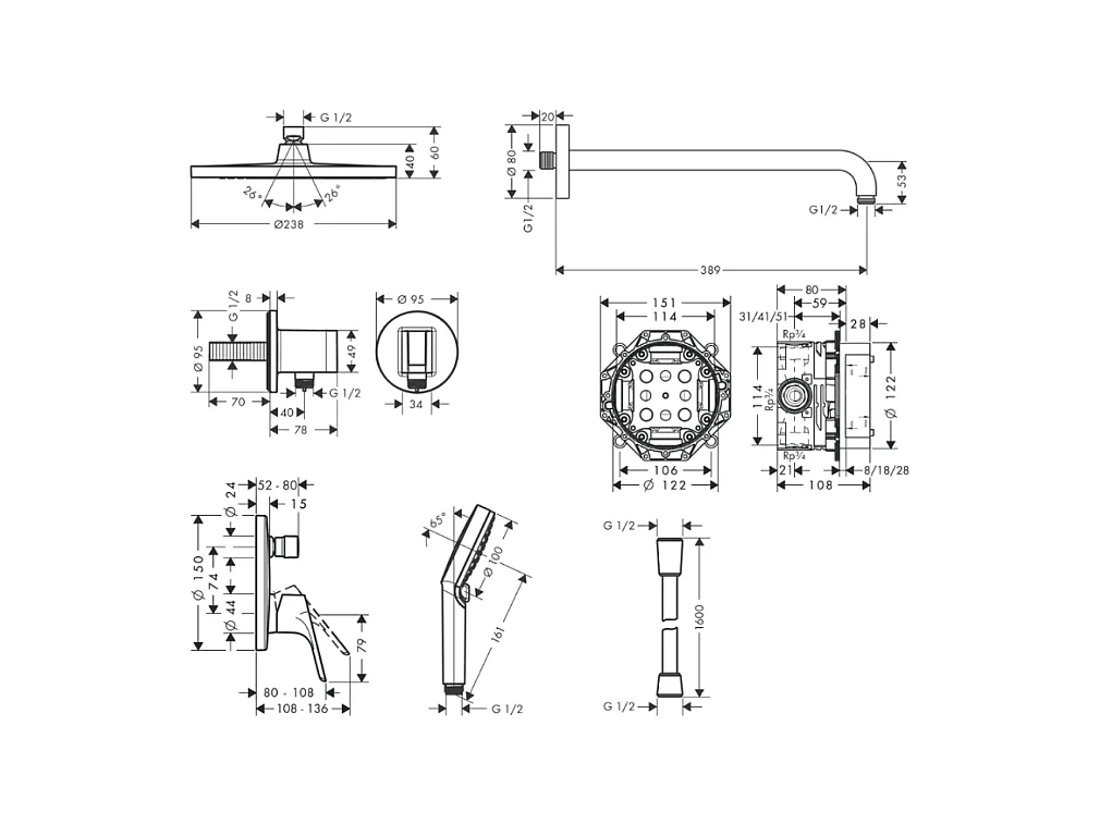 Colonne de douche encastrée HANSGROHE Crometta S avec mitigeur mécanique Logis chromé + nettoyant Briochin