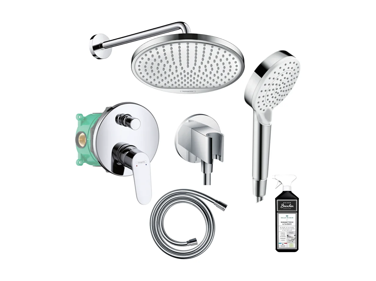 Colonne de douche encastrée HANSGROHE Crometta S avec mitigeur mécanique Logis chromé + nettoyant Briochin