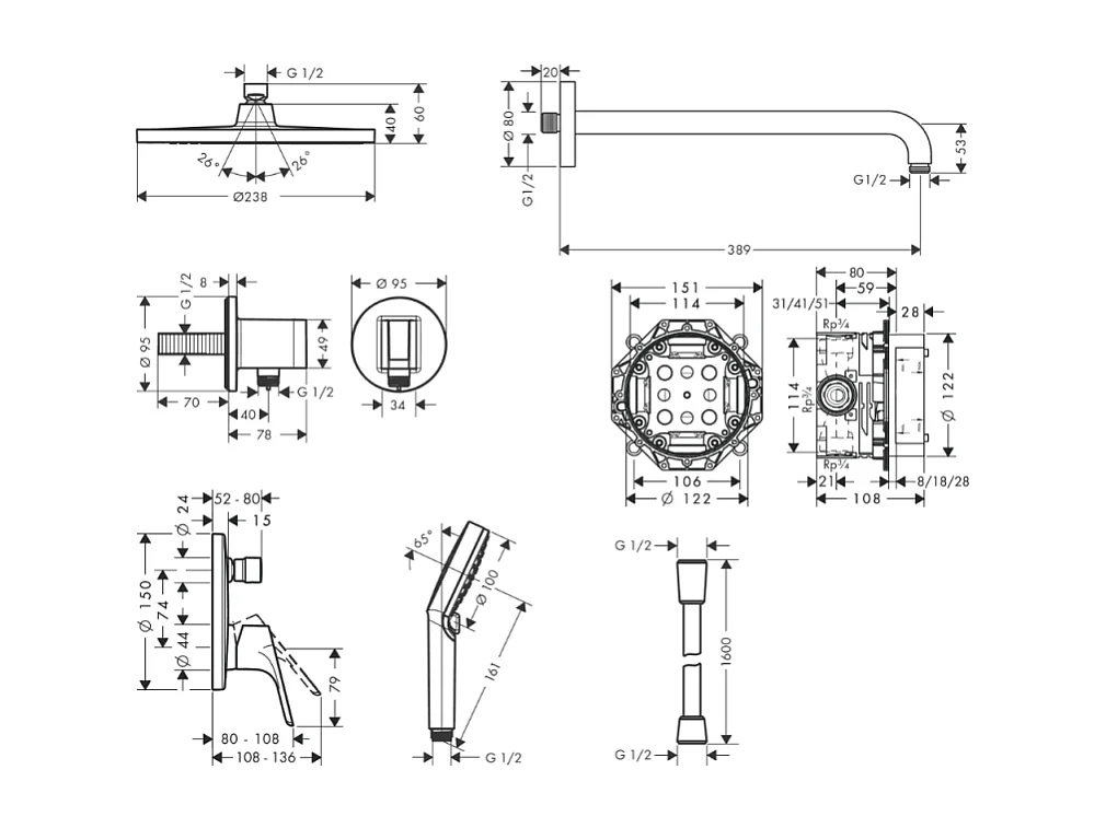Colonne de douche encastrée HANSGROHE Crometta S avec mitigeur mécanique Logis chromé + nettoyant Briochin