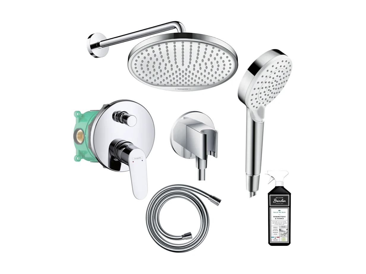 Colonne de douche encastrée HANSGROHE Crometta S avec mitigeur mécanique Logis chromé + nettoyant Briochin