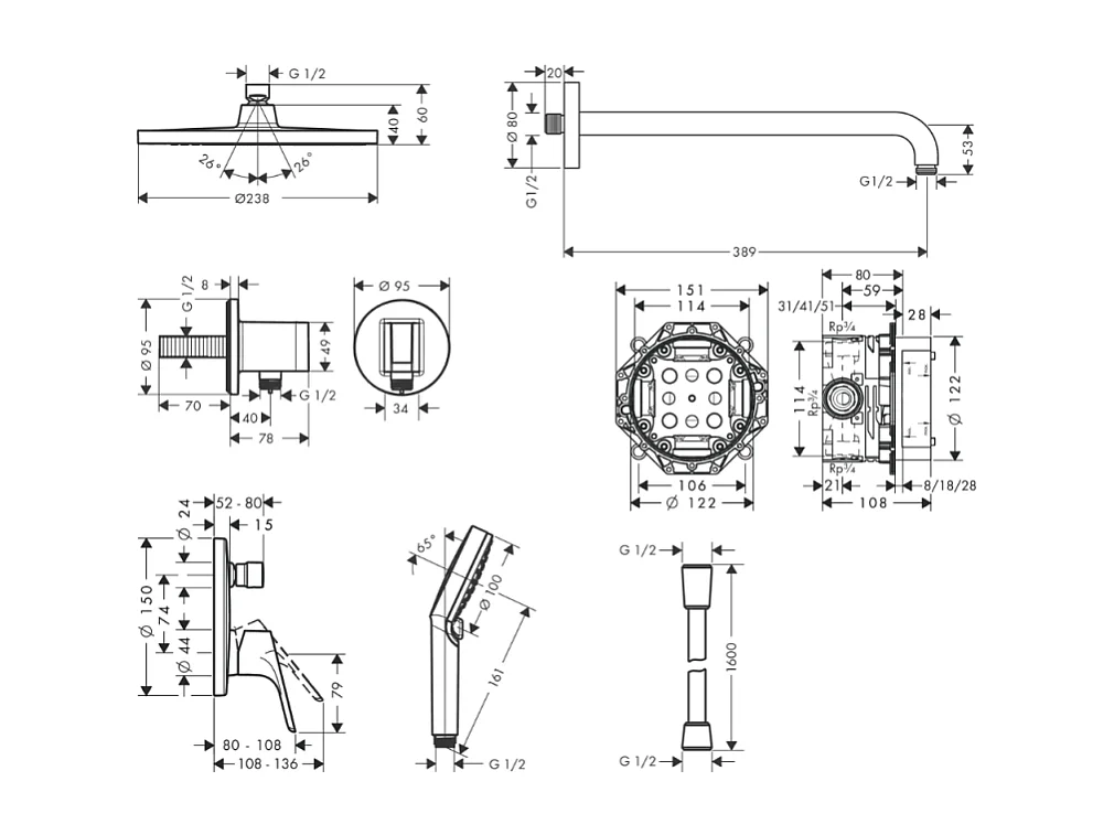 Colonne de douche encastrée HANSGROHE Crometta S avec mitigeur mécanique Logis chromé + nettoyant Briochin