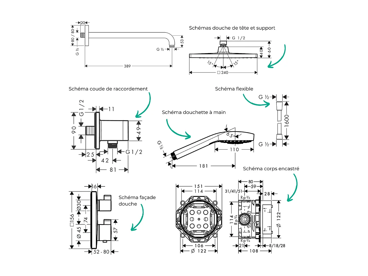 Colonne de douche encastrée thermostatique HANSGROHE Ecostat Square chromé