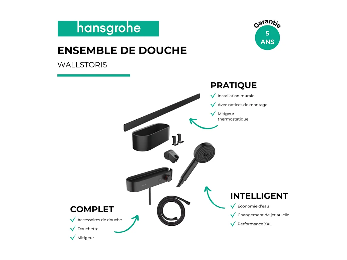 Pack mitigeur douche thermostatique encastré HANSGROHE WallStoris noir mat avec accessoires