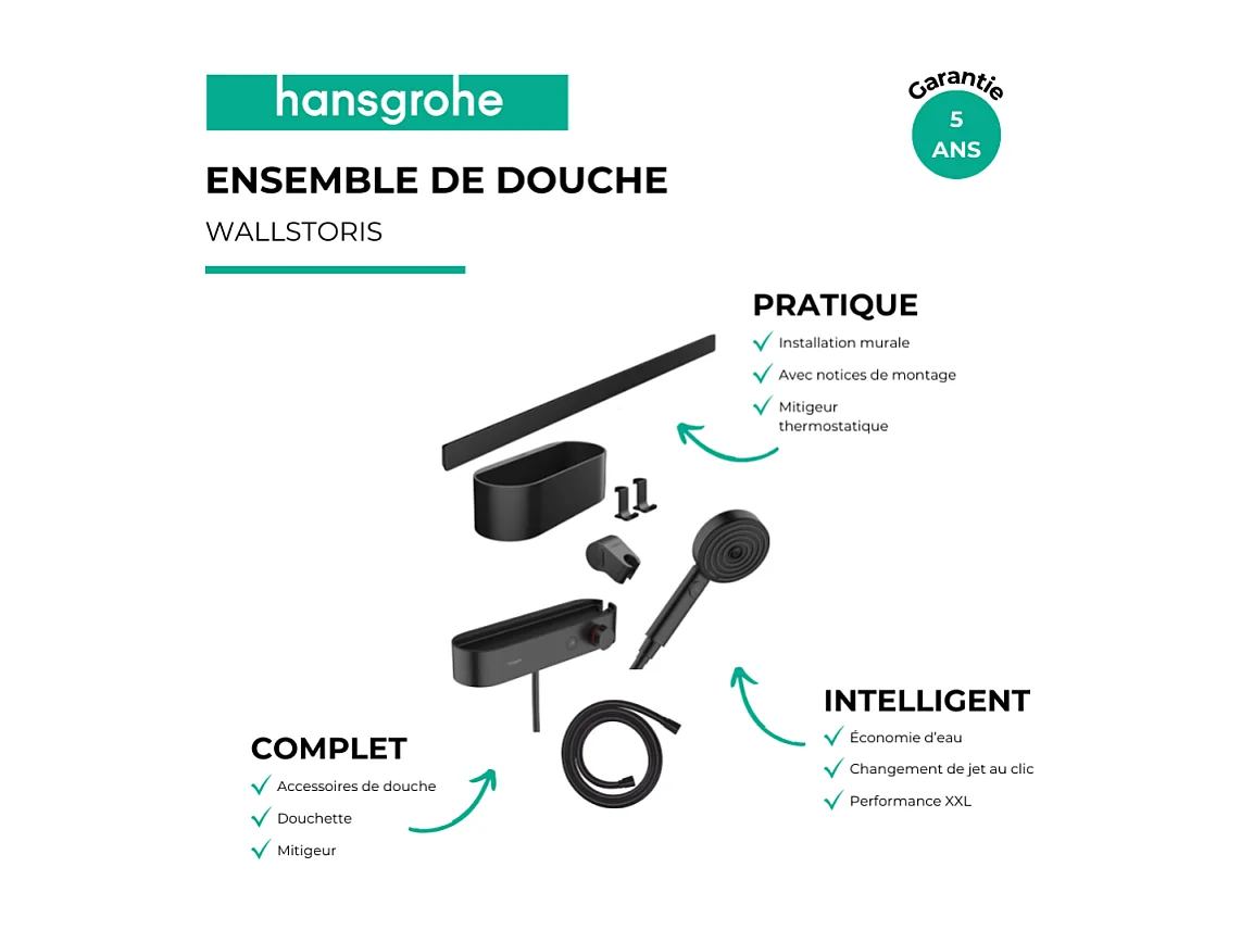 Pack mitigeur douche thermostatique encastré HANSGROHE WallStoris noir mat avec accessoires