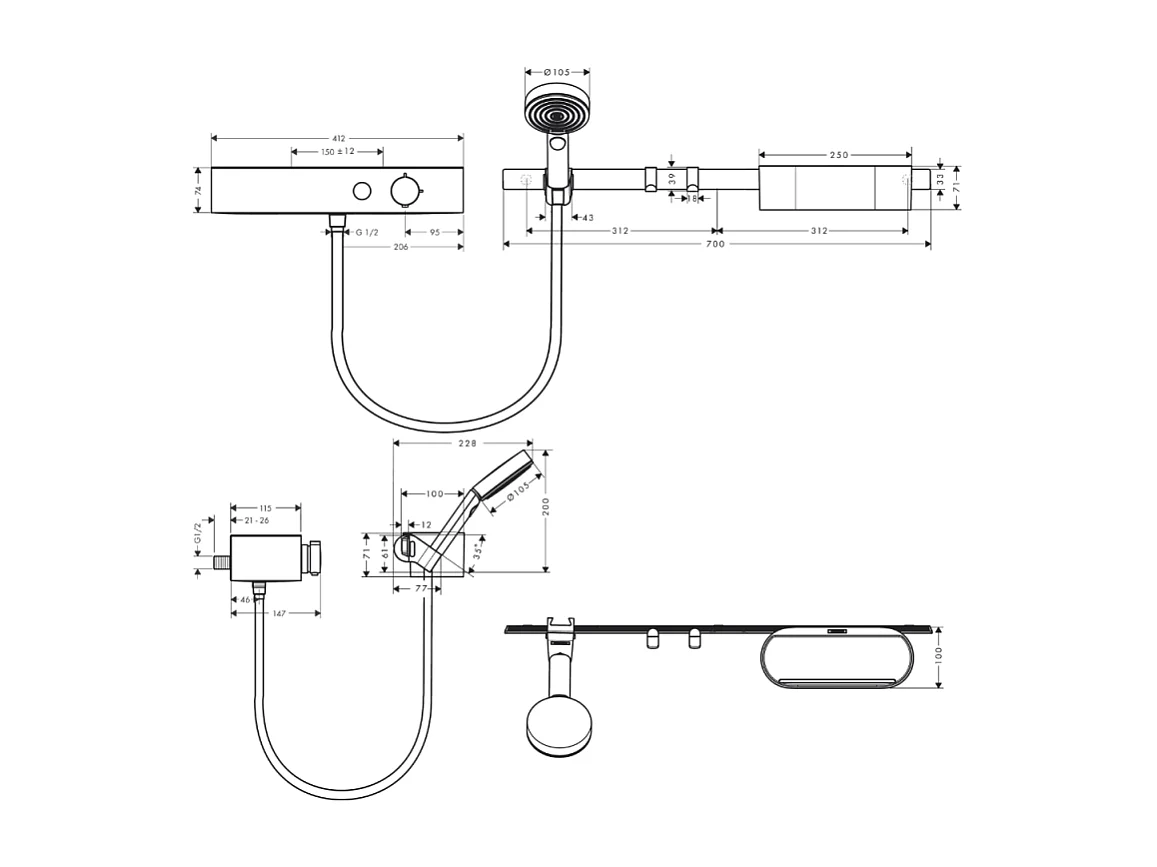 Pack mitigeur douche thermostatique encastré HANSGROHE WallStoris noir mat avec accessoires