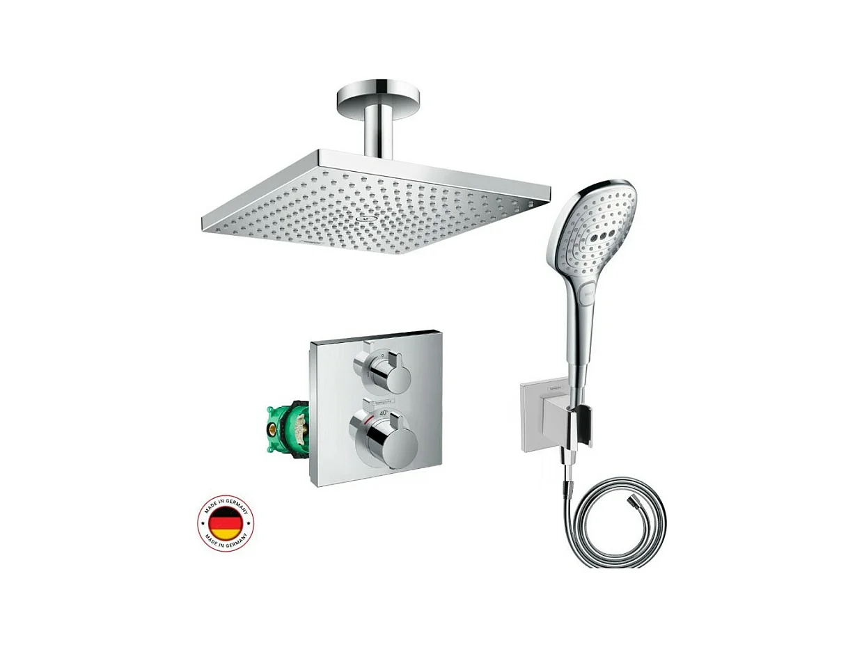 Lot robinet douche encastré thermostatique HANSGROHE Ecostat Square + Douche de tête Raindance E 300 fixation plafond