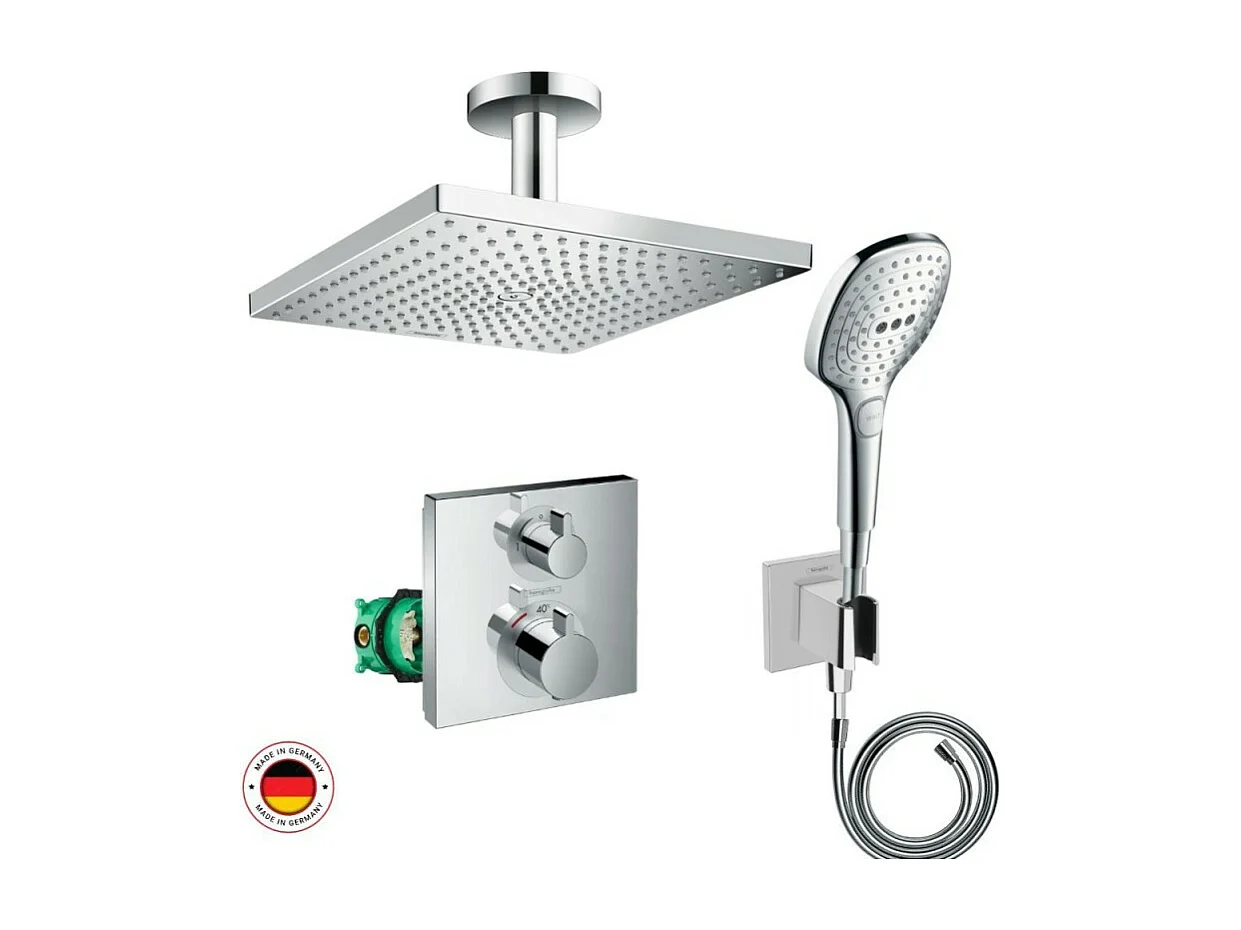 Lot robinet douche encastré thermostatique HANSGROHE Ecostat Square + Douche de tête Raindance E 300 fixation plafond