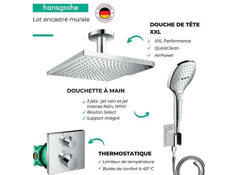 Lot robinet douche encastré thermostatique HANSGROHE Ecostat Square + Douche de tête Raindance E 300 fixation plafond