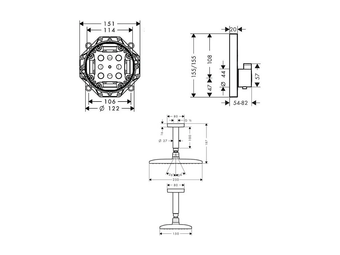 Lot robinet douche encastré thermostatique HANSGROHE Ecostat Square + Douche de tête Raindance E 240 fixation plafond