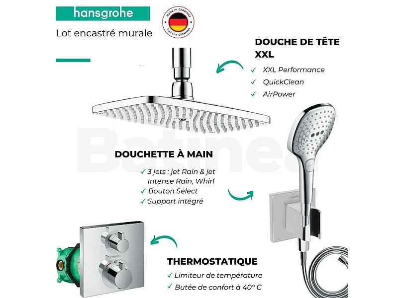 Lot robinet douche encastré thermostatique HANSGROHE Ecostat Square + Douche de tête Raindance E 240 fixation plafond