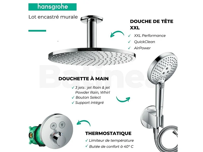 Lot robinet douche encastré thermostatique HANSGROHE ShowerSelect S + Douche de tête Raindance S 240 fixation plafond