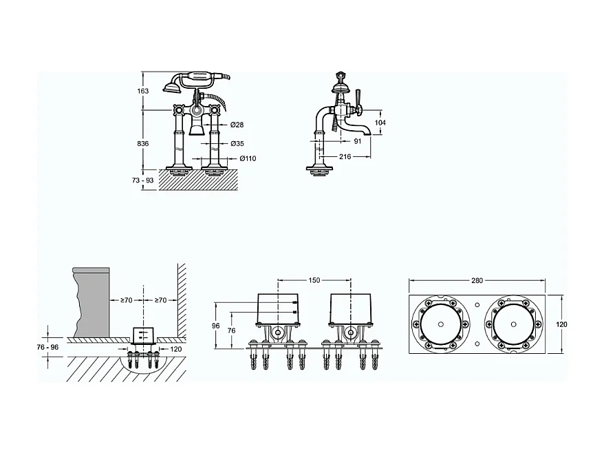 JACOB DELAFON Mélangeur bain douche Cléo 1889 montage au sol Chrome avec corps encastré au sol