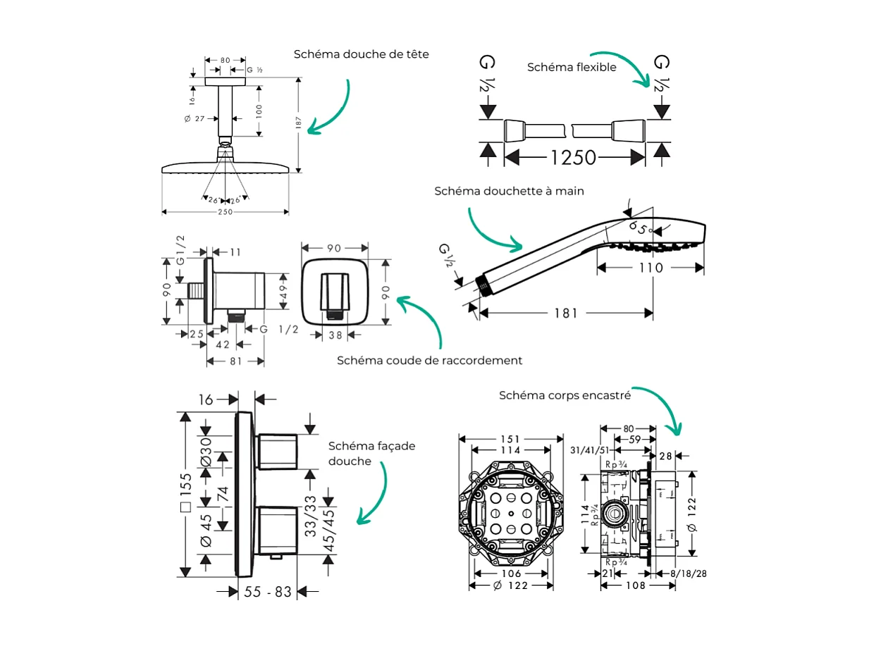 Colonne de douche encastrée thermostatique HANSGROHE Raindance E 240 raccord plafond