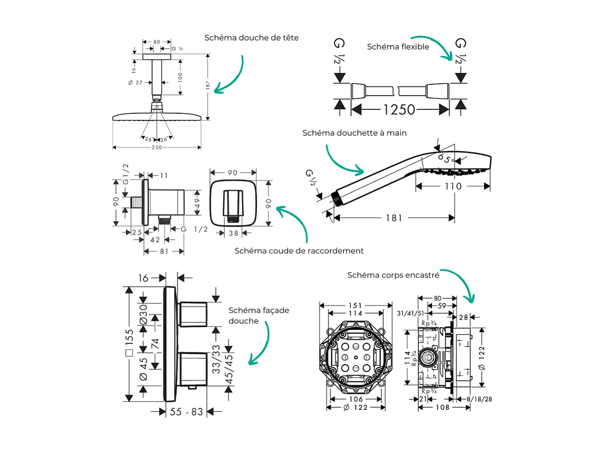 Colonne de douche encastrée thermostatique HANSGROHE Raindance E 240 raccord plafond