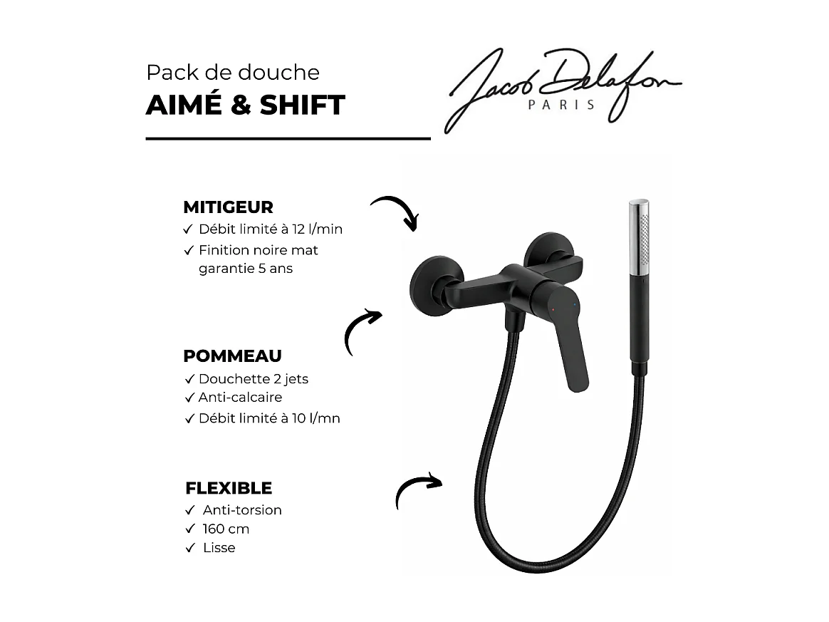Mitigeur douche JACOB DELAFON Aimé + douchette stick Shift Ellipse + flexible 1,6m noir et chromé