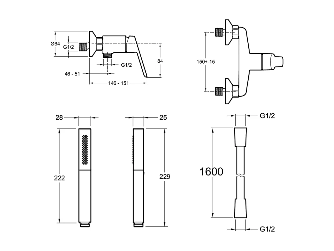 Mitigeur douche JACOB DELAFON Aimé + douchette stick Shift Ellipse + flexible 1,6m noir et chromé
