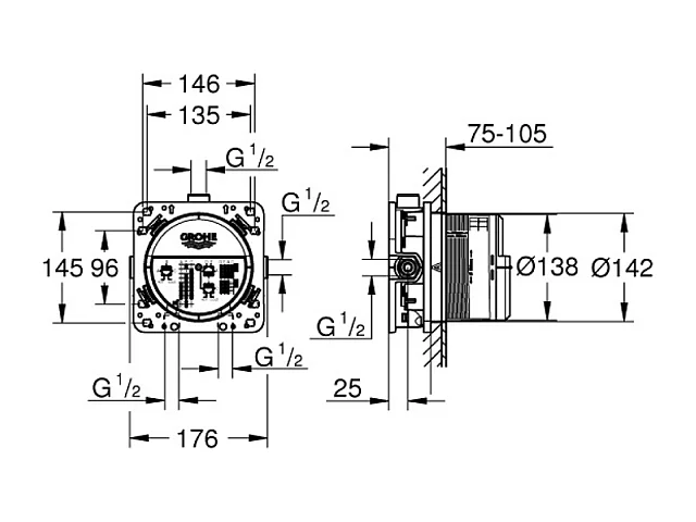 GROHE - Mitigeur encastré 3 sorties Grohe SmartControl - Façade carrée