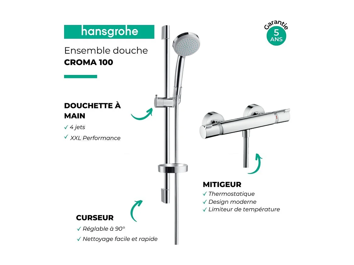 HANSGROHE Conjunto de ducha Croma 100 + Mezclador termostático Ecostat Comfort + barra de ducha 65 cm