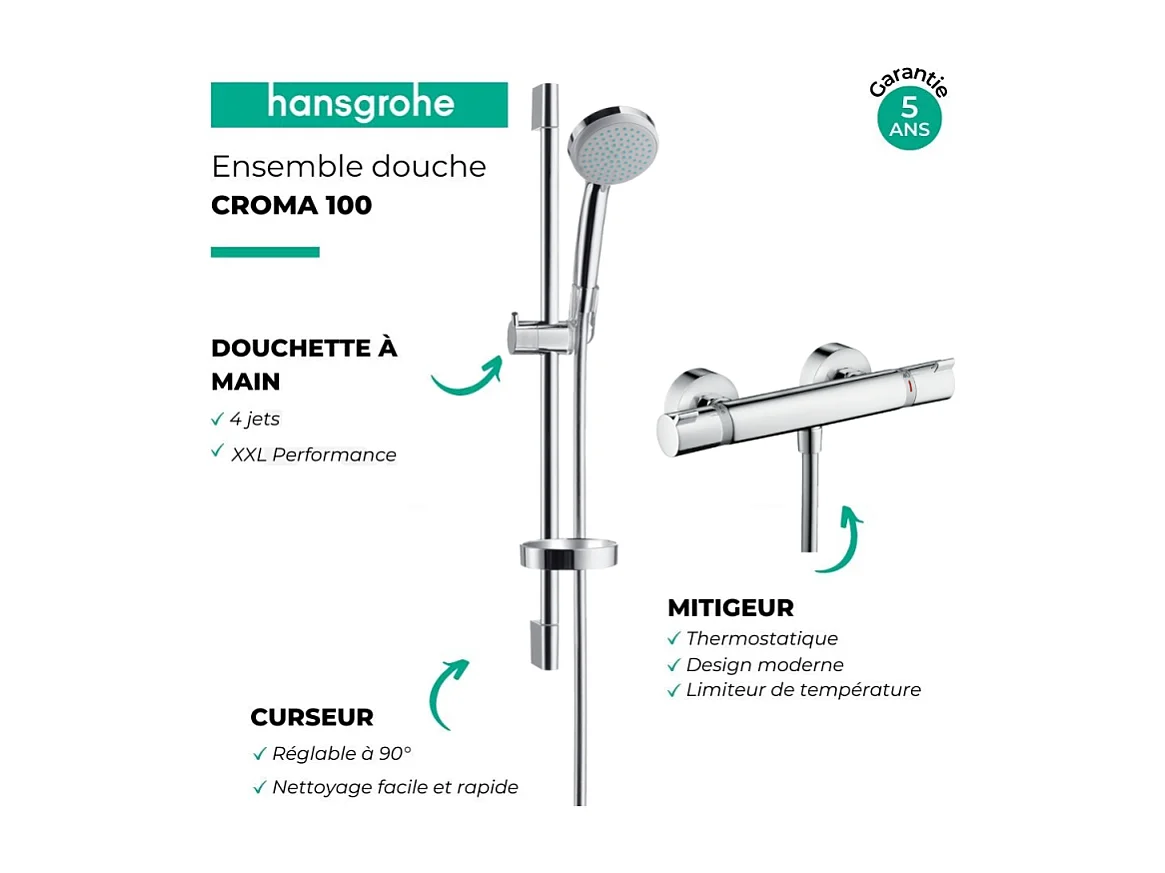 HANSGROHE Conjunto de ducha Croma 100 + Mezclador termostático Ecostat Comfort + barra de ducha 65 cm