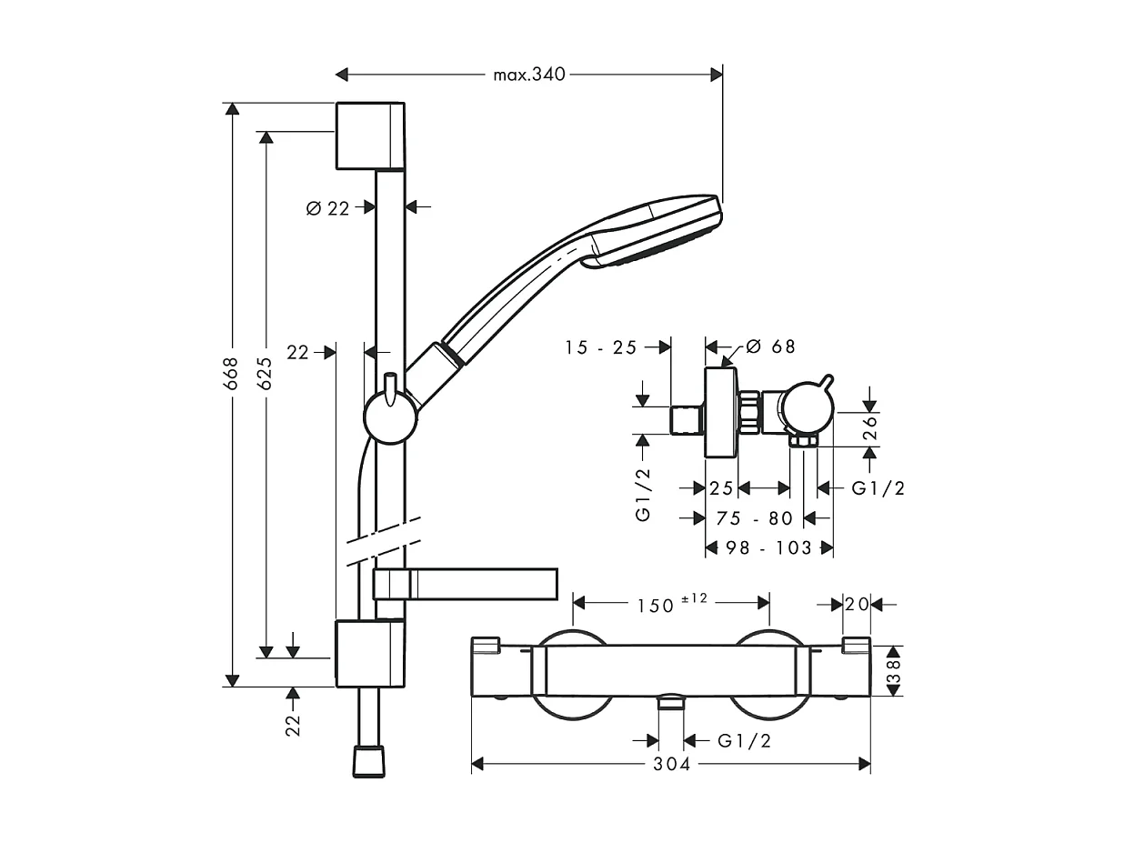 HANSGROHE Conjunto de ducha Croma 100 + Mezclador termostático Ecostat Comfort + barra de ducha 65 cm