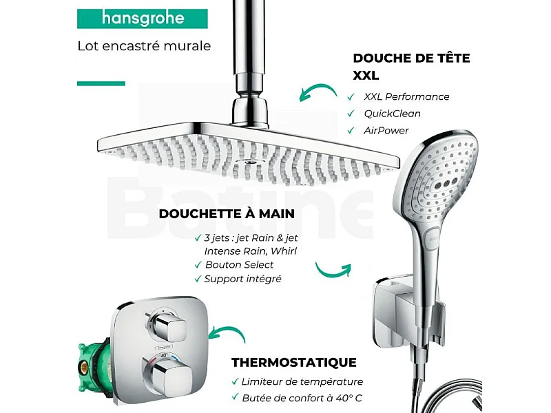 Lot robinet douche encastré thermostatique HANSGROHE Ecostat E + Douche de tête Raindance E 240 fixation plafond