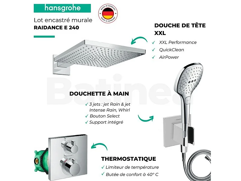 Lot robinet douche encastré thermostatique HANSGROHE Ecostat Square + Douche de tête Raindance E 300