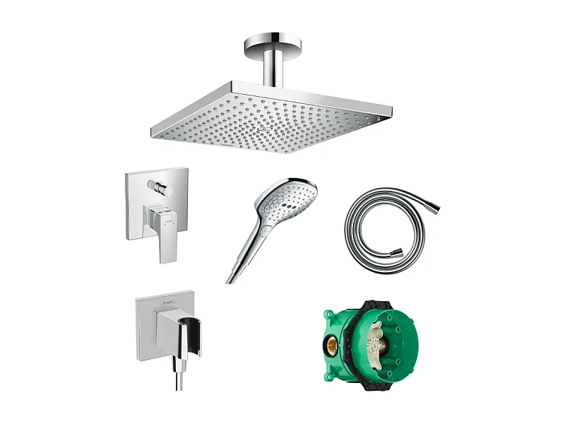 HANSGROHE Douche de tête Raindance E + façade mitigeur bain douche + douchette 3 jets + flexible + corps encastré + coude