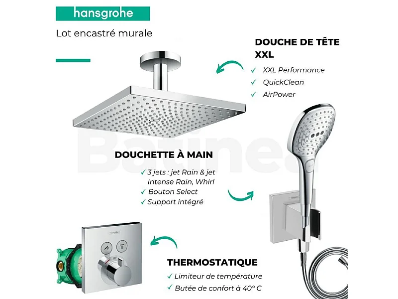 Lot robinet douche encastré thermostatique HANSGROHE ShowerSelect + Douche de tête Raindance E 300 fixation plafond