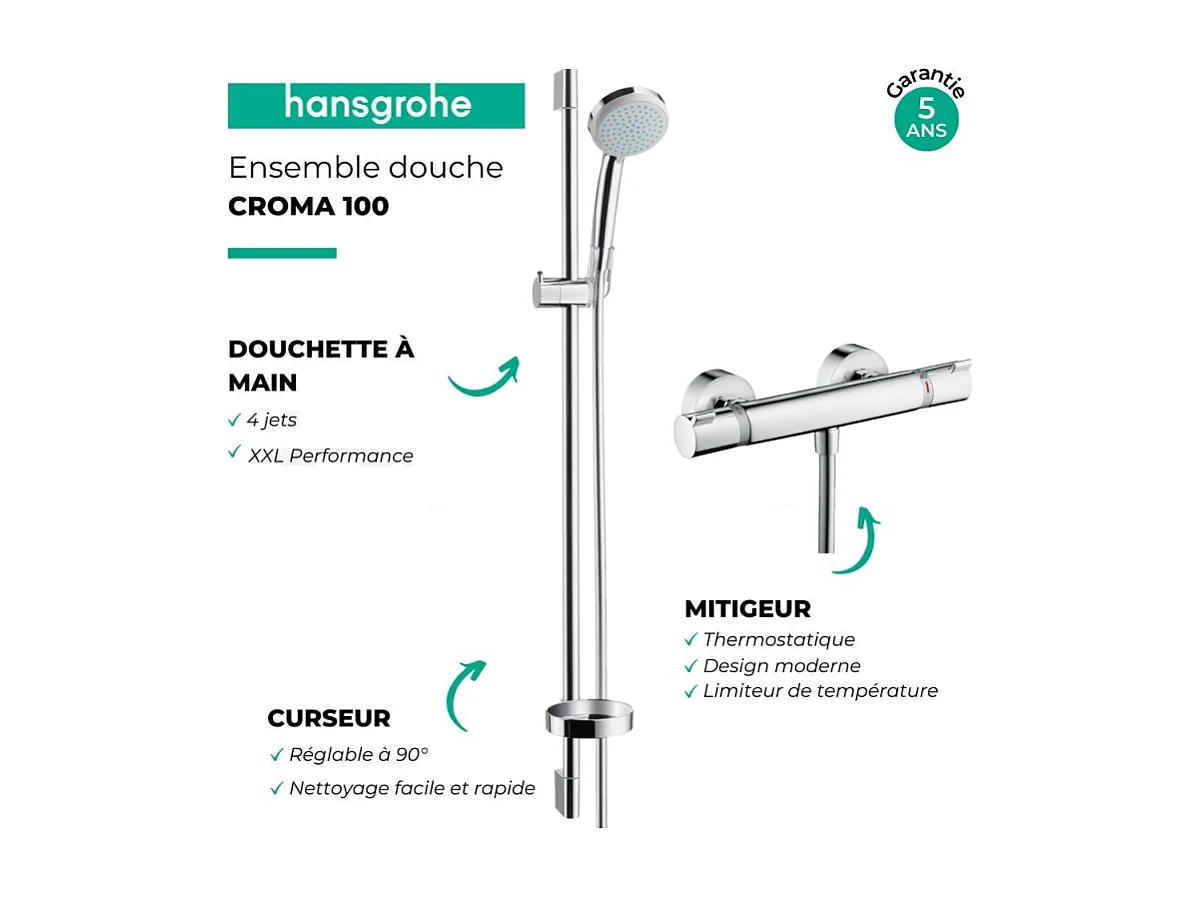 Ensemble douche HANSGROHE Croma 100 + mitigeur thermostatique Ecostat Comfort + Barre de douche 90 cm