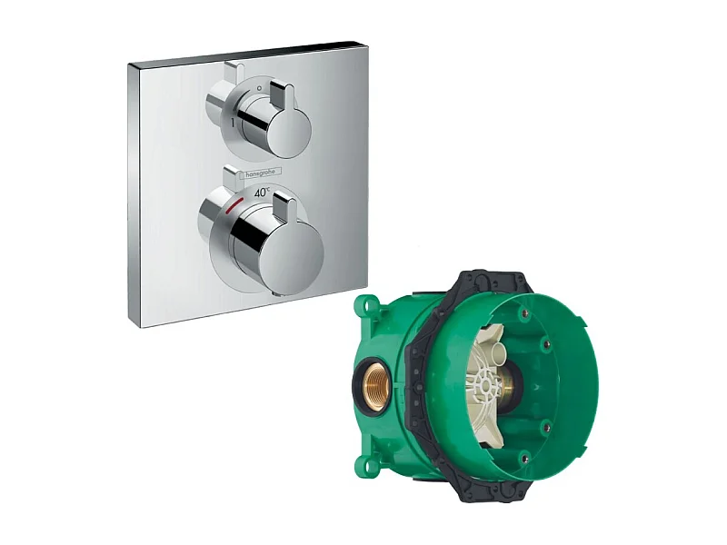 Façade mitigeur thermostatique encastré HANSGROHE Ecostat Square avec robinet d'arrêt et inverseur chromé  + corps encastré