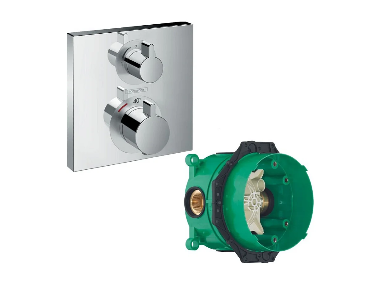 Façade mitigeur thermostatique encastré HANSGROHE Ecostat Square avec robinet d'arrêt et inverseur chromé  + corps encastré