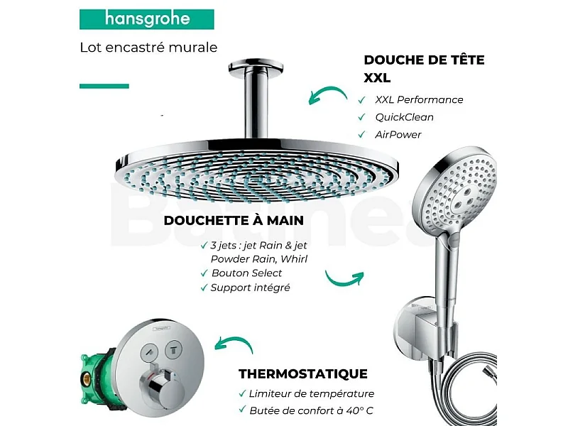 Mitigeur douche encastrable thermostatique HANSGROHE + Douche de tête Raindance S 240, Design rond