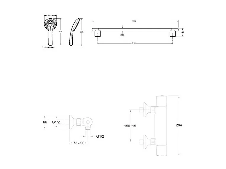 Mitigeur de douche thermostatique JACOB DELAFON Simone + barre + pommeau de douche