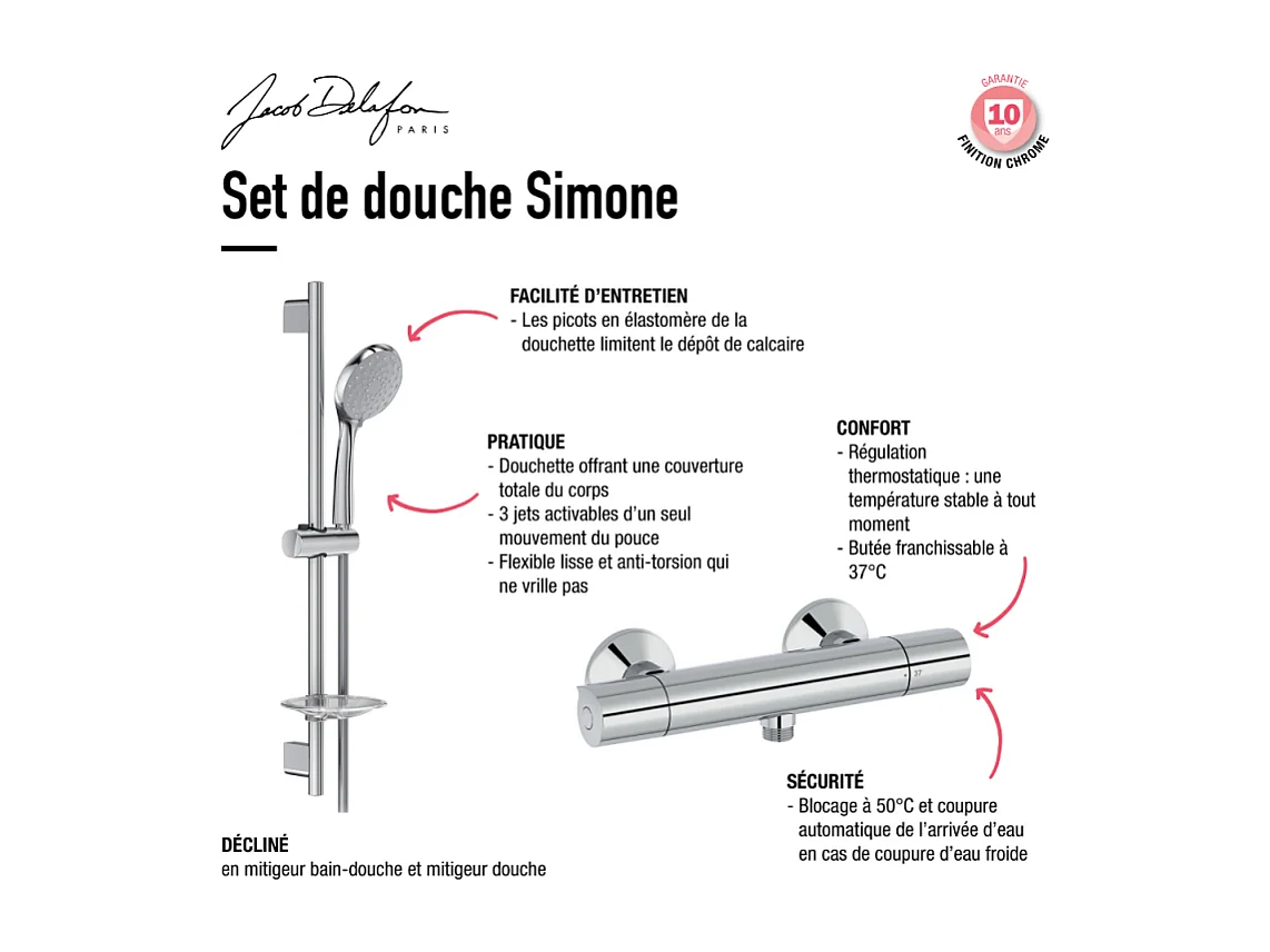 Mitigeur de douche thermostatique JACOB DELAFON Simone + barre + pommeau de douche