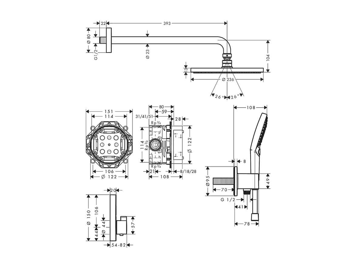 Colonne de douche thermostatique encastrée HANSGROHE ShowerSelect S chromé