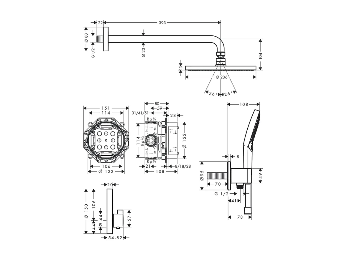 Colonne de douche thermostatique encastrée HANSGROHE ShowerSelect S chromé