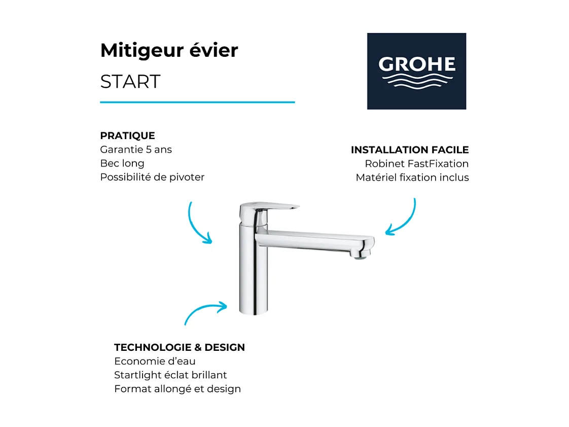 Robinet de cuisine bec médium GROHE Start Flow Quickfix chromé + nettoyant GrohClean
