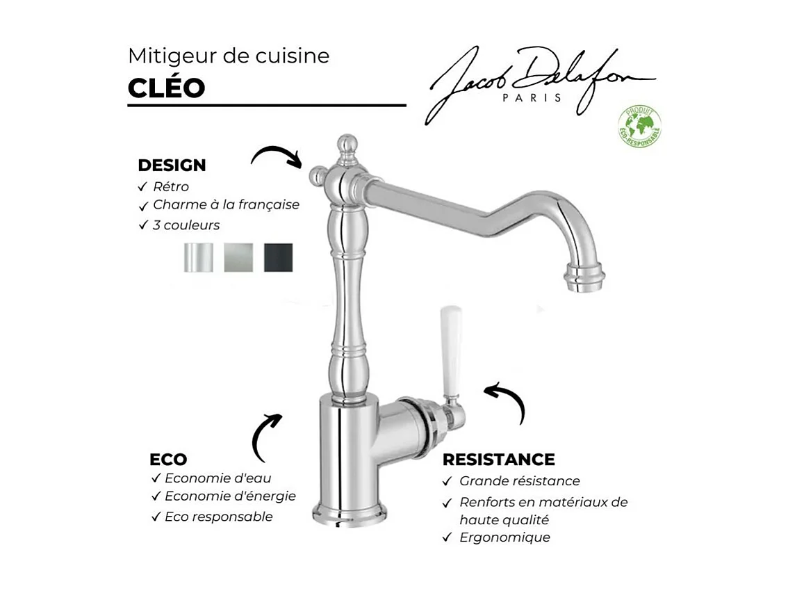 Mitigeur cuisine JACOB DELAFON Cleo, Bec haut inox brosse