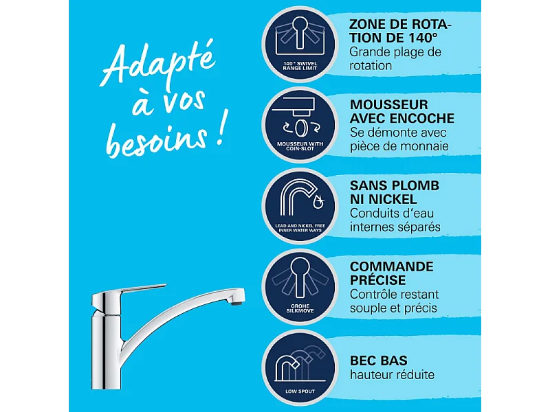 Robinet de cuisine bec bas GROHE Start 2021 chromé + microfibre