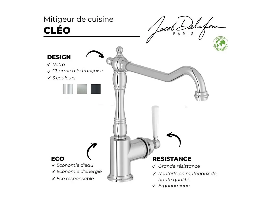 Mitigeur cuisine bec haut JACOB DELAFON Cleo chrome + Nettoyant Briochin