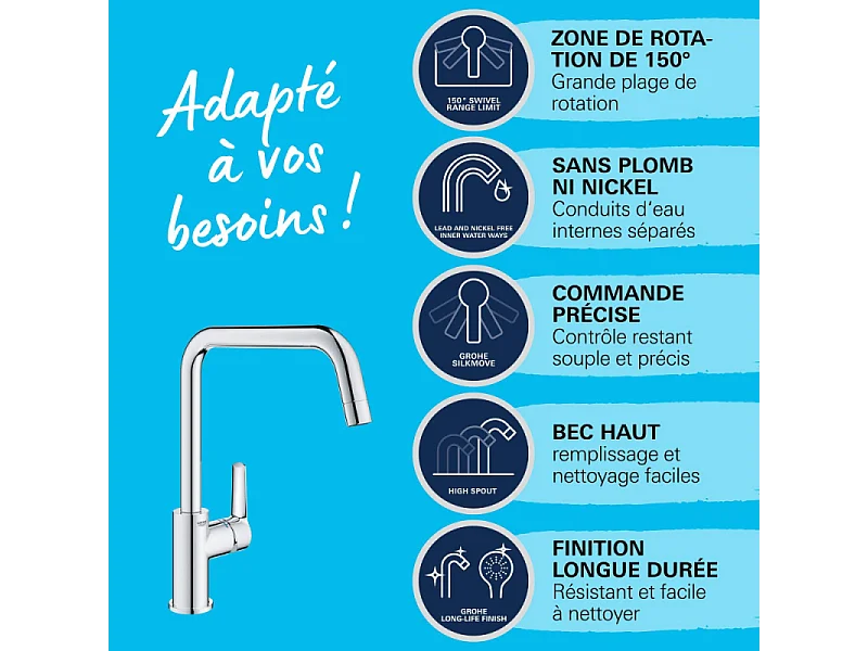 Robinet de cuisine monocommande GROHE Start 2021 chromé + nettoyant GrohClean