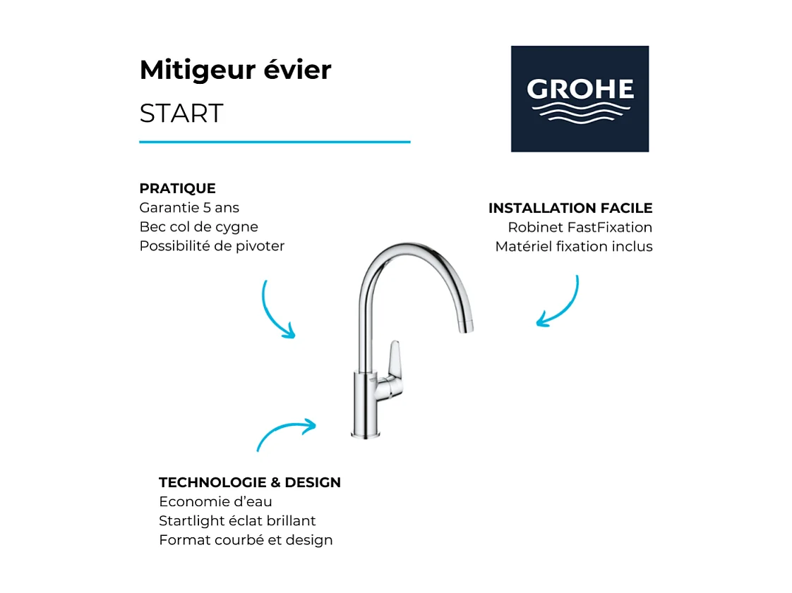 Robinet de cuisine GROHE Start Curve Quickfix chromé + nettoyant GrohClean