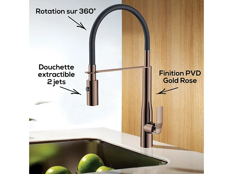 PAINI Mitigeur cuisine Addict Bec haut gold rose douchette extractible