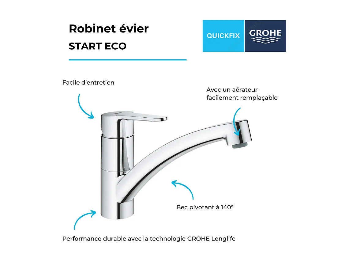 Robinet de cuisine bec bas GROHE Start Eco Quickfix + nettoyant GrohClean