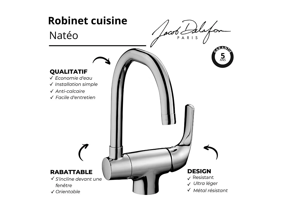 Mitigeur évier JACOB DELAFON Natéo, orientable & rabattable