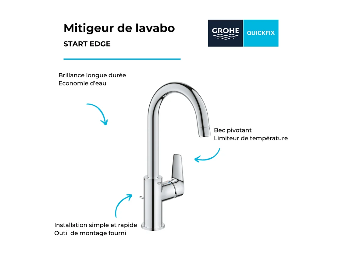 Mitigeur lavabo GROHE Quickfix Start Edge avec tirette et vidage taille L + nettoyant GrohClean